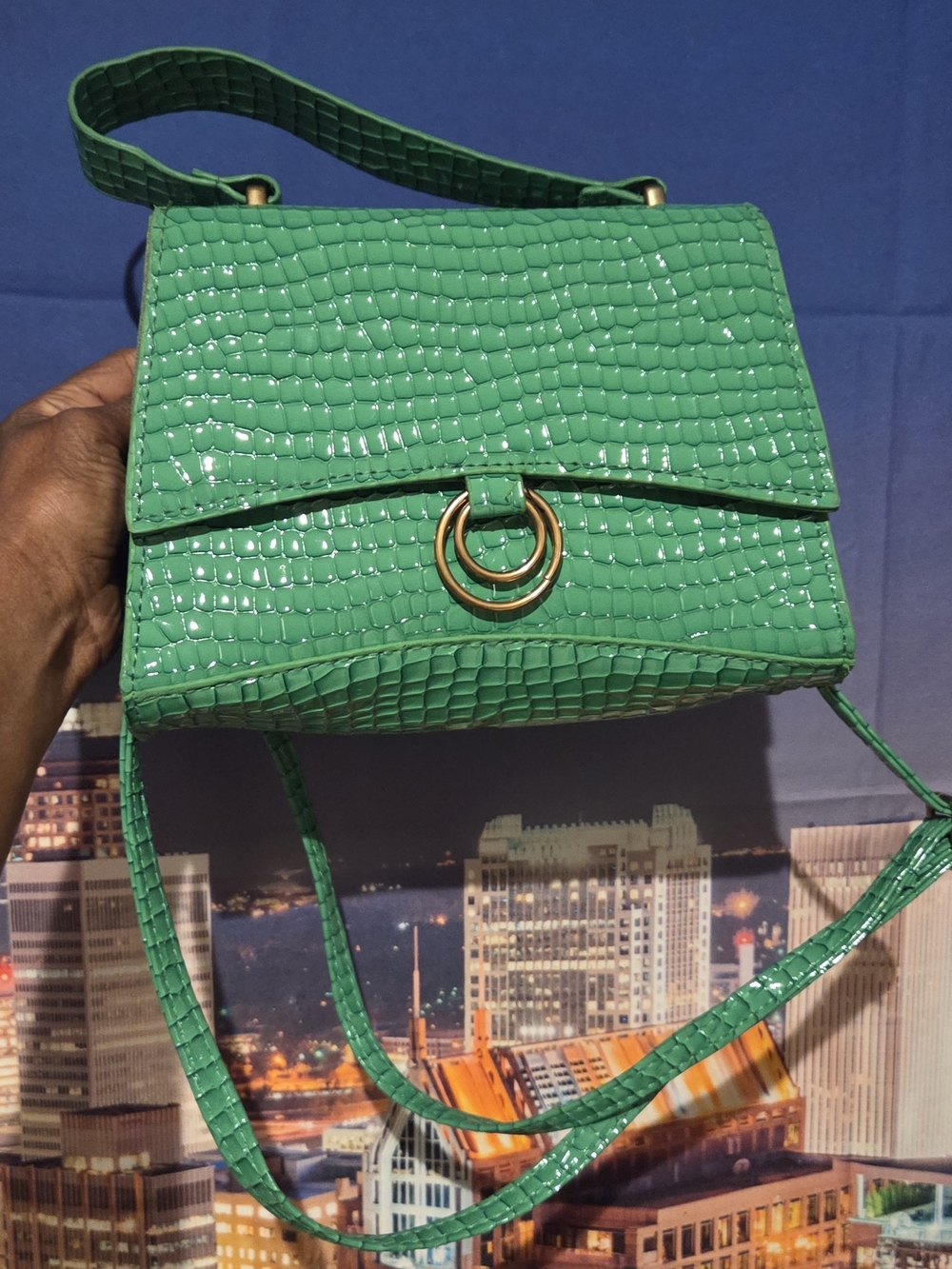 Green Croc-Embossed Shoulder Bag